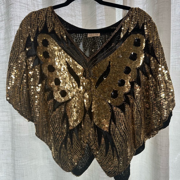Tops - Vintage Gold and Black Sequin Butterfly Top Size L